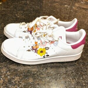 adidas White Sneakers with maroon and Floral Embroidery